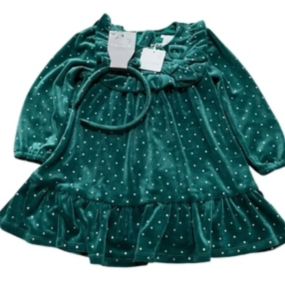 New Tahari Dress Girls Size 2 Green Velour Velvet With Gold Studs & Headband NWT
